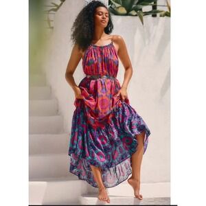 Anthropologie Maxi The Malika Printed Dress Orange Pink Purple Tiered Small